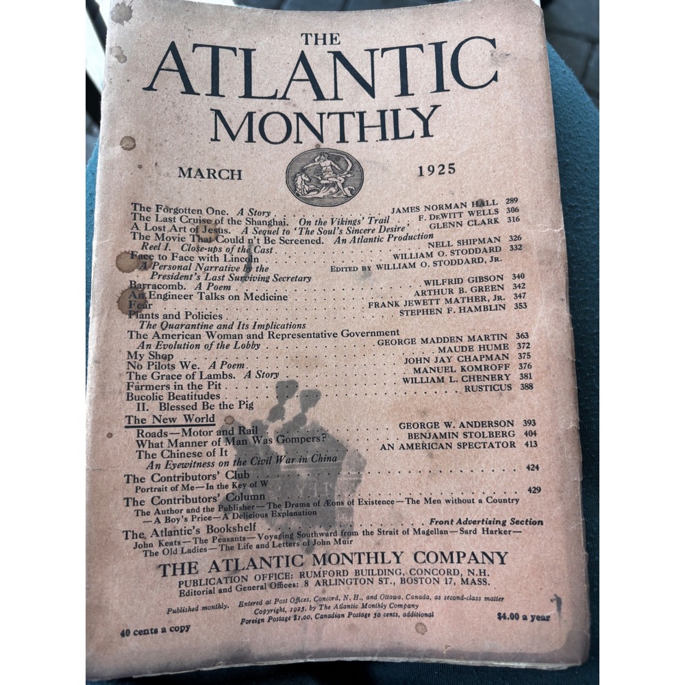 Atlantic Monthly Mar 1925 Lincoln Secretary Stoddard Nell Shipman Antique
